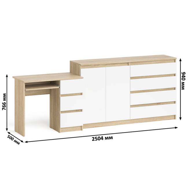 Комод-тумба Мори МК1600 четыре ящика и дверки со столом компьютерным МС-6 тумба справа цвет дуб сонома/белый