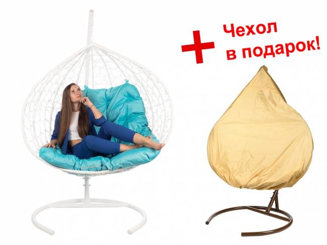 Двойное подвесное кресло "Gemini" promo white синяя подушка