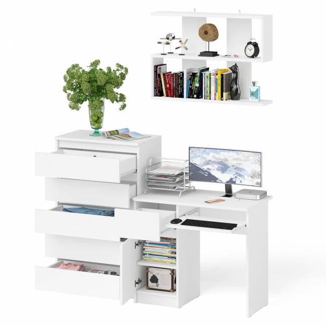 Стол компьютерный Мори с тумбой слева с высоким комодом МК700-5 и полкой 900 цвет белый