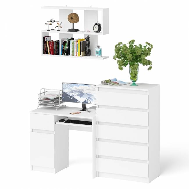 Стол компьютерный Мори с тумбой слева с высоким комодом МК700-5 и полкой 900 цвет белый