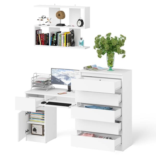 Стол компьютерный Мори с тумбой слева с высоким комодом МК700-5 и полкой 900 цвет белый