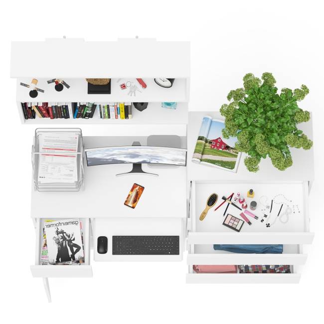 Стол компьютерный Мори с тумбой слева с высоким комодом МК700-5 и полкой 900 цвет белый