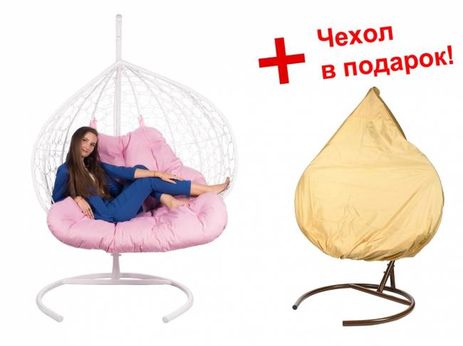 Двойное подвесное кресло "Gemini" promo white розовая подушка