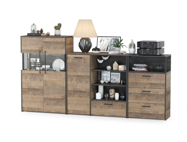 Трувор комод с ящиком и дверкой с комодом с витриной с подсветкой и комод с тремя ящиками цвет дуб гранж песочный/интра Трувор комод с ящиком и дверкой с комодом с витриной с подсветкой и комод с тремя ящиками цвет дуб гранж песочный/интра