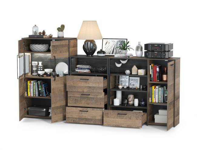 Трувор комод с ящиком и дверкой с комодом с витриной с подсветкой и комод с тремя ящиками цвет дуб гранж песочный/интра Трувор комод с ящиком и дверкой с комодом с витриной с подсветкой и комод с тремя ящиками цвет дуб гранж песочный/интра