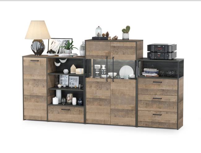 Трувор комод с ящиком и дверкой с комодом с витриной с подсветкой и комод с тремя ящиками цвет дуб гранж песочный/интра Трувор комод с ящиком и дверкой с комодом с витриной с подсветкой и комод с тремя ящиками цвет дуб гранж песочный/интра