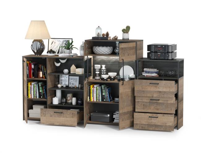 Трувор комод с ящиком и дверкой с комодом с витриной с подсветкой и комод с тремя ящиками цвет дуб гранж песочный/интра Трувор комод с ящиком и дверкой с комодом с витриной с подсветкой и комод с тремя ящиками цвет дуб гранж песочный/интра