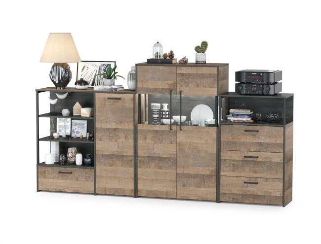 Трувор комод с ящиком и дверкой с комодом с витриной с подсветкой и комод с тремя ящиками цвет дуб гранж песочный/интра Трувор комод с ящиком и дверкой с комодом с витриной с подсветкой и комод с тремя ящиками цвет дуб гранж песочный/интра