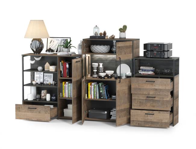 Трувор комод с ящиком и дверкой с комодом с витриной с подсветкой и комод с тремя ящиками цвет дуб гранж песочный/интра Трувор комод с ящиком и дверкой с комодом с витриной с подсветкой и комод с тремя ящиками цвет дуб гранж песочный/интра