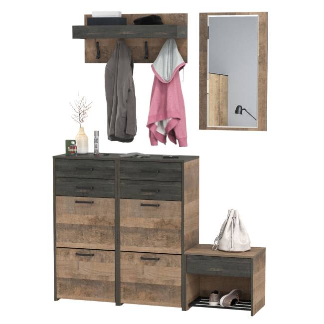 Трувор прихожая с зеркалом и комодом-тумбой с дверкой цвет дуб гранж песочный/интра