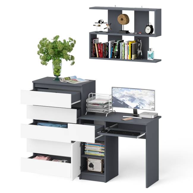 Стол компьютерный Мори с тумбой слева с высоким комодом МК700-5 и полкой 900 цвет графит/белый