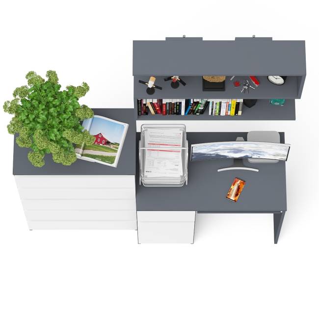 Стол компьютерный Мори с тумбой слева с высоким комодом МК700-5 и полкой 900 цвет графит/белый