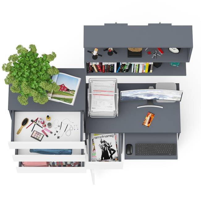 Стол компьютерный Мори с тумбой слева с высоким комодом МК700-5 и полкой 900 цвет графит/белый