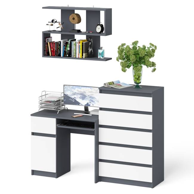 Стол компьютерный Мори с тумбой слева с высоким комодом МК700-5 и полкой 900 цвет графит/белый