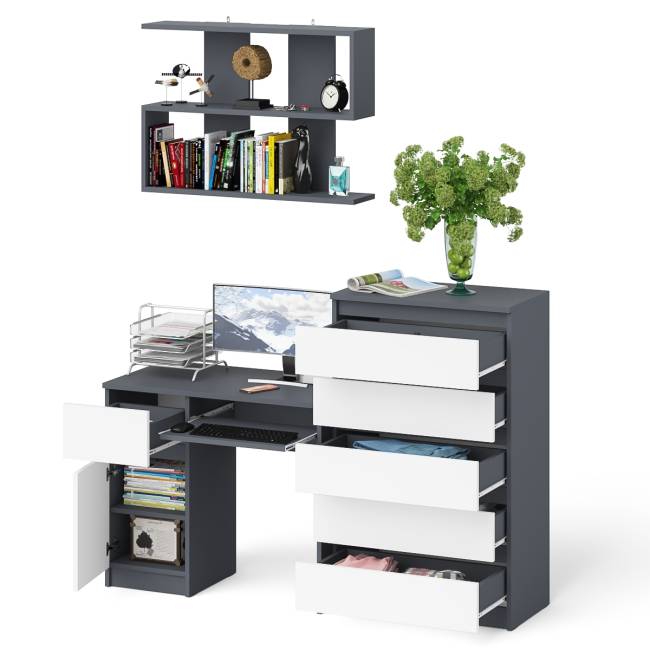 Стол компьютерный Мори с тумбой слева с высоким комодом МК700-5 и полкой 900 цвет графит/белый