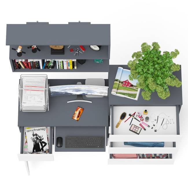 Стол компьютерный Мори с тумбой слева с высоким комодом МК700-5 и полкой 900 цвет графит/белый