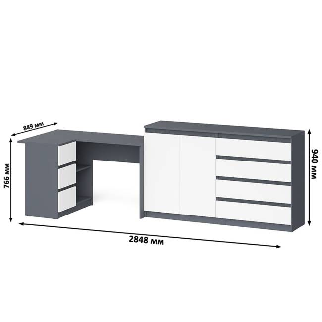 Угловой стол компьютерный левый МС-16 с комодом-тумбой 1600 Мори цвет графит/белый