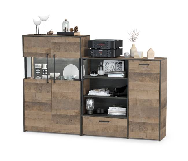 Комод с витриной с подсветкой и комод с ящиком и дверкой Трувор цвет дуб гранж песочный/интра