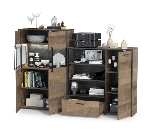 Комод с витриной с подсветкой и комод с ящиком и дверкой Трувор цвет дуб гранж песочный/интра