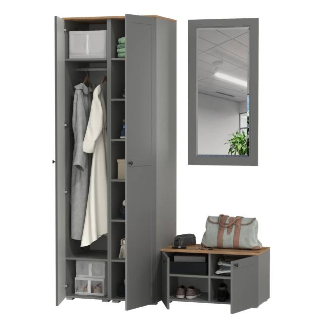 Тумба две дверки с зеркалом и два пенала в прихожую Остин цвет серый графит/дуб крафт золотой