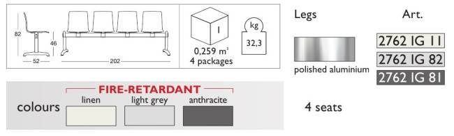 Система с четырьмя сиденьями Alice Bench светло-серый 2020х520х820 мм