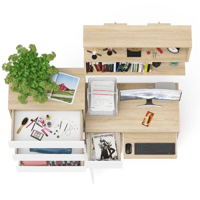 Стол компьютерный Мори с тумбой слева с высоким комодом МК700-5 и полкой 900 цвет дуб сонома/белый