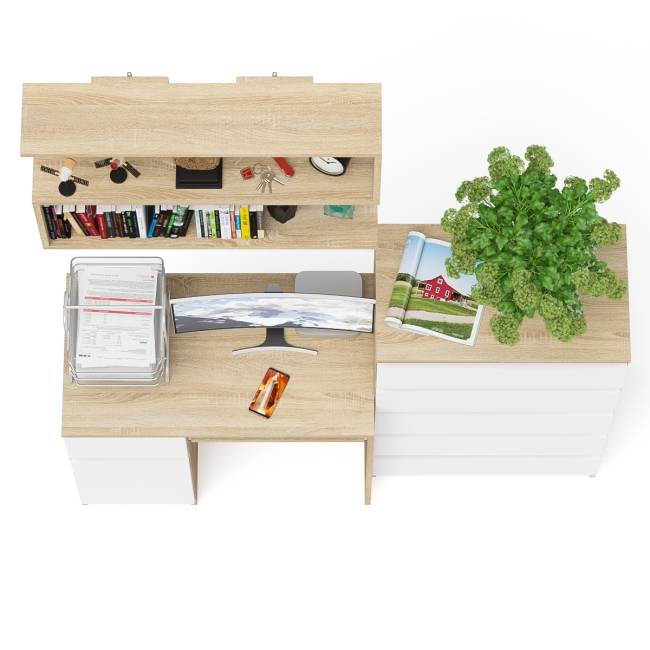 Стол компьютерный Мори с тумбой слева с высоким комодом МК700-5 и полкой 900 цвет дуб сонома/белый