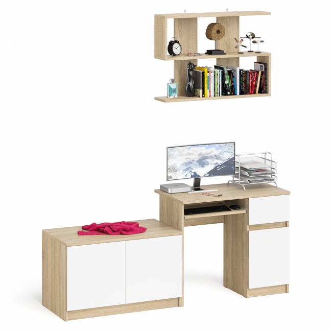 Стол компьютерный однотумбовый Мори МС-1 правый с верхней полкой 900 и тумбой цвет дуб сонома/белый