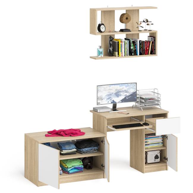Стол компьютерный однотумбовый Мори МС-1 правый с верхней полкой 900 и тумбой цвет дуб сонома/белый