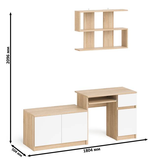 Стол компьютерный однотумбовый Мори МС-1 правый с верхней полкой 900 и тумбой цвет дуб сонома/белый