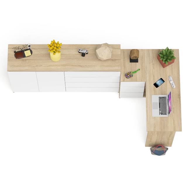 Угловой стол компьютерный левый МС-16 с комодом-тумбой 1600 Мори цвет дуб сонома/белый