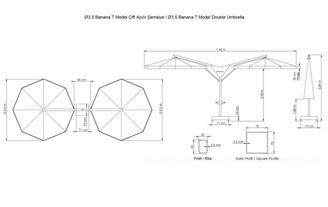 Зонт профессиональный двухкупольный Ø3.5х7 м Double Banana T Ø3500х7000 мм