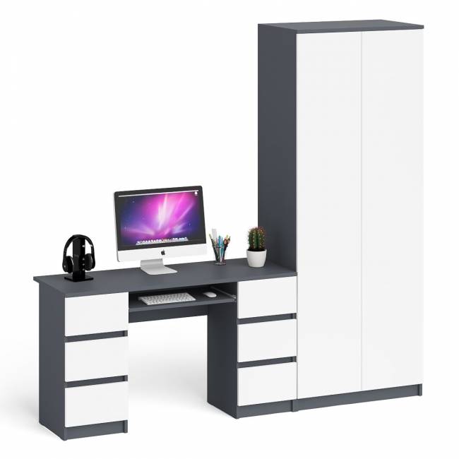 Стол компьютерный МС-2 две тумбы с ящиками с двухдверным шкафом Мори цвет графит/белый