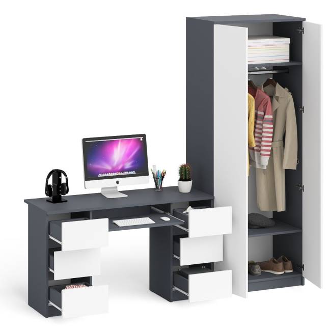 Стол компьютерный МС-2 две тумбы с ящиками с двухдверным шкафом Мори цвет графит/белый