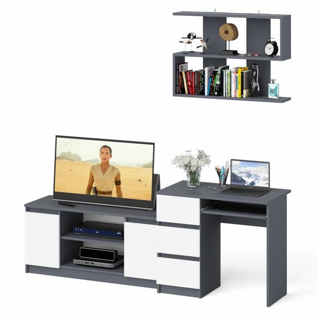 Мори стол компьютерный МС-6 левый с тумбой МТВ1200.1 и навесной открытой полкой цвет графит/белый