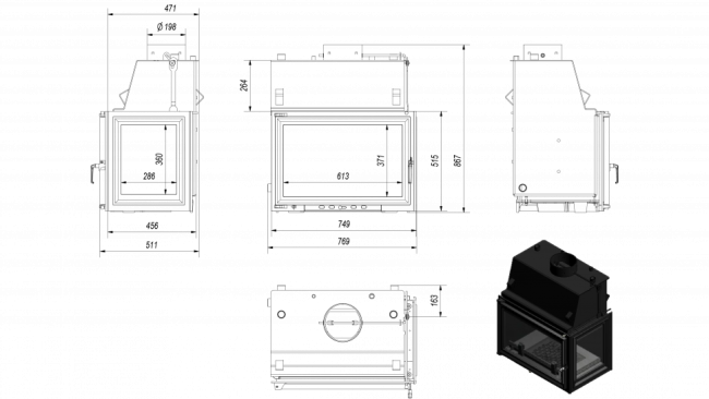 Топка с водяным контуром OLIWIA/PW/BP/17/W, стекло справа, змеевик