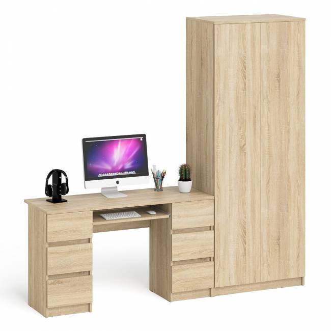 Стол компьютерный МС-2 две тумбы с ящиками с двухдверным шкафом Мори цвет дуб сонома