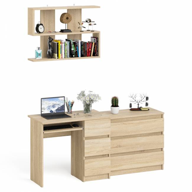 Стол компьютерный Мори МС-6 правый с навсеной полкой сверху и комодом на три ящика цвет дуб сонома