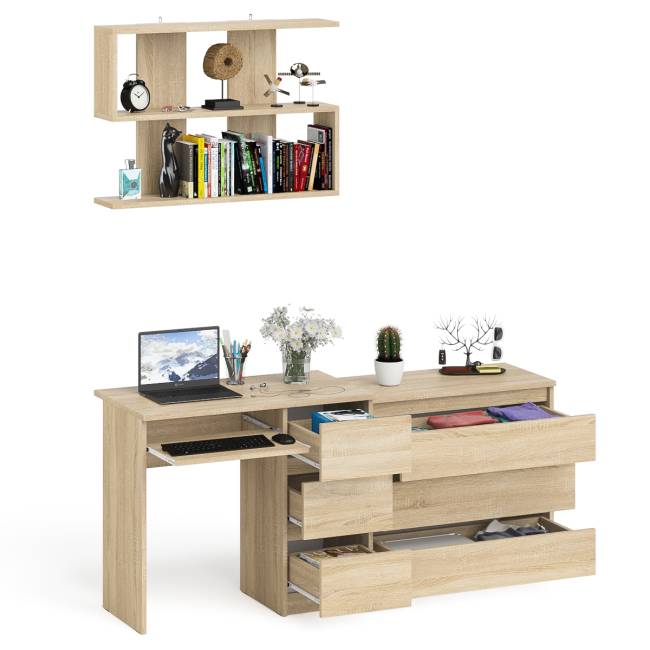 Стол компьютерный Мори МС-6 правый с навсеной полкой сверху и комодом на три ящика цвет дуб сонома