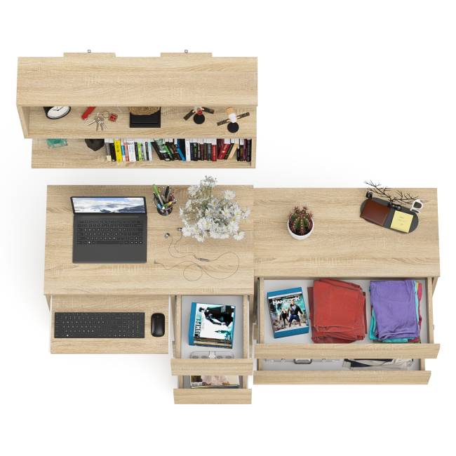 Стол компьютерный Мори МС-6 правый с навсеной полкой сверху и комодом на три ящика цвет дуб сонома