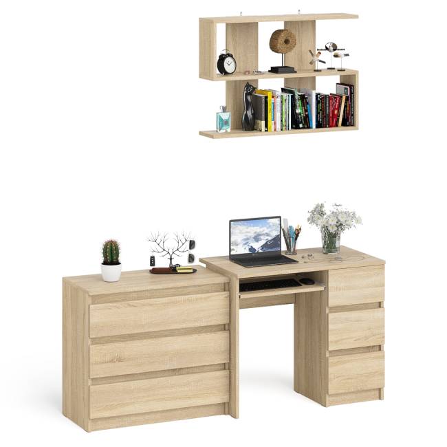 Стол компьютерный Мори МС-6 правый с навсеной полкой сверху и комодом на три ящика цвет дуб сонома