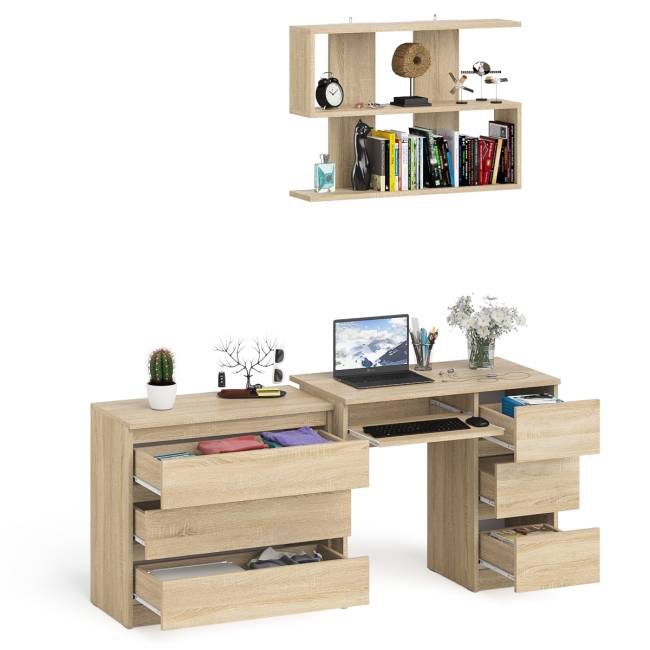 Стол компьютерный Мори МС-6 правый с навсеной полкой сверху и комодом на три ящика цвет дуб сонома