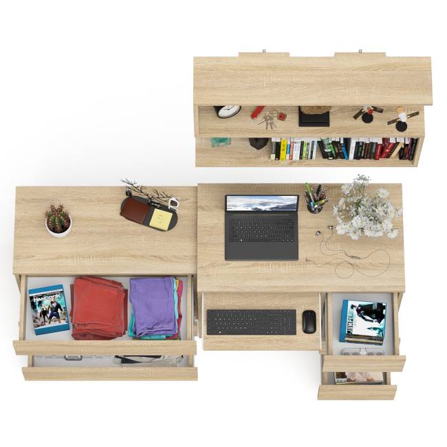 Стол компьютерный Мори МС-6 правый с навсеной полкой сверху и комодом на три ящика цвет дуб сонома