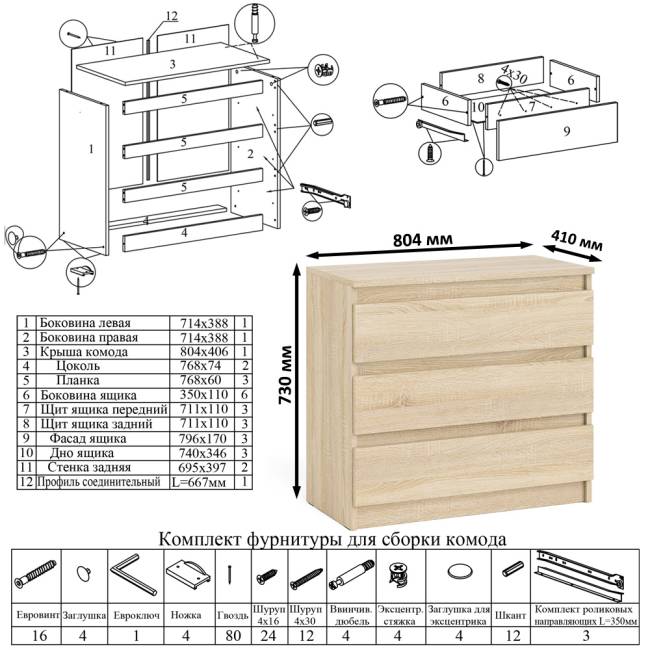 Стол компьютерный Мори МС-6 правый с навсеной полкой сверху и комодом на три ящика цвет дуб сонома