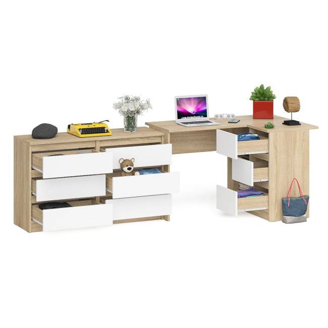 Комод Мори 1200 6 ящиков и компьютерный угловой стол МС-16 правый цвет дуб сонома/белый