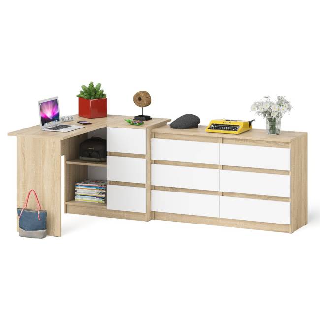 Комод Мори 1200 6 ящиков и компьютерный угловой стол МС-16 правый цвет дуб сонома/белый