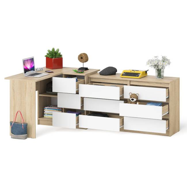 Комод Мори 1200 6 ящиков и компьютерный угловой стол МС-16 правый цвет дуб сонома/белый