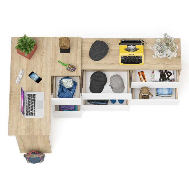 Комод Мори 1200 6 ящиков и компьютерный угловой стол МС-16 правый цвет дуб сонома/белый