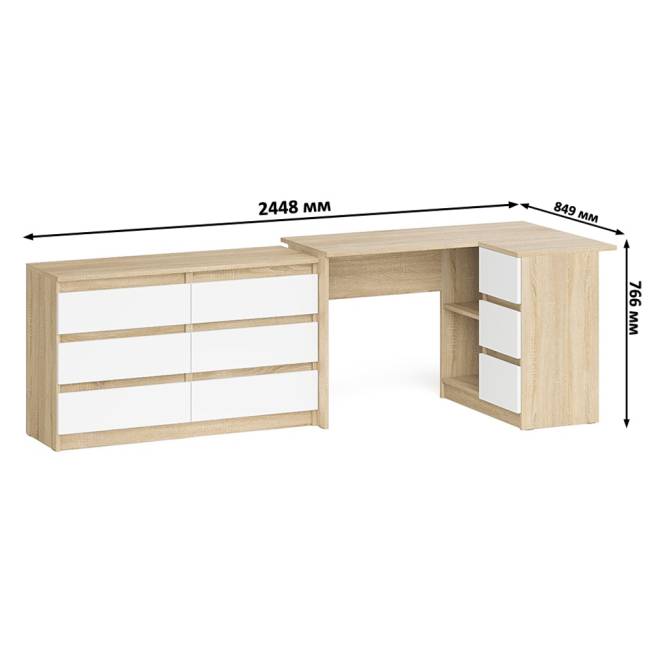 Комод Мори 1200 6 ящиков и компьютерный угловой стол МС-16 правый цвет дуб сонома/белый