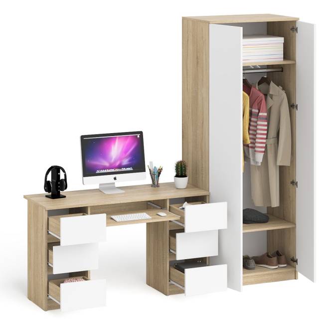 Стол компьютерный МС-2 две тумбы с ящиками с двухдверным шкафом Мори цвет дуб сонома/белый